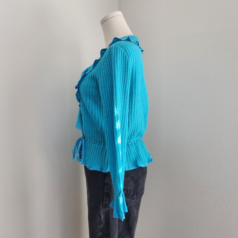 Vintage 70s Blue Teal Knit Ruffle Wrap Cardigan Tie Waist Top S Kentelle - Picture 6 of 16